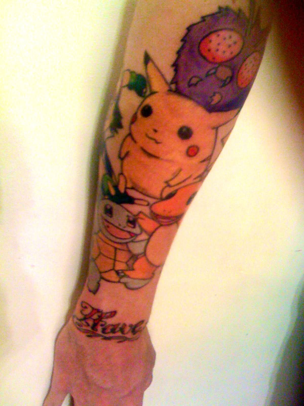 Pikachu And Squirtle Pokemons Tattoo On Sleeve