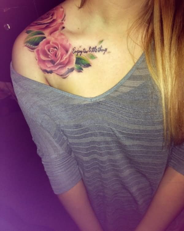 Pink Rose Flowers Shoulder Tattoo For Girls
