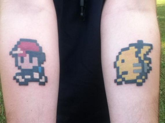 Pixel Ash And Pikachu Pokemon Tattoo Design For Forearm