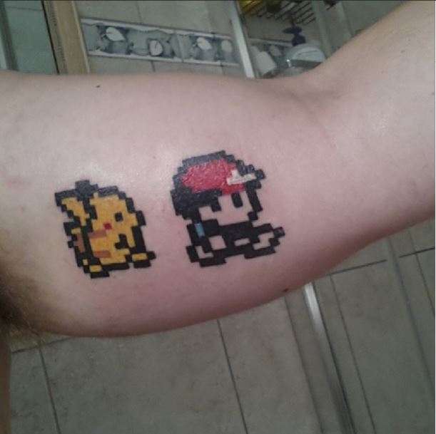 Pixel Ash With Pikachu Pokemon Tattoo Design For Bicep