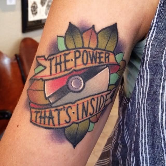 Pokeball With Banner Tattoo Design For Sleeve