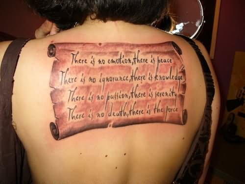 Quote In Scroll Tattoo On Upper Back