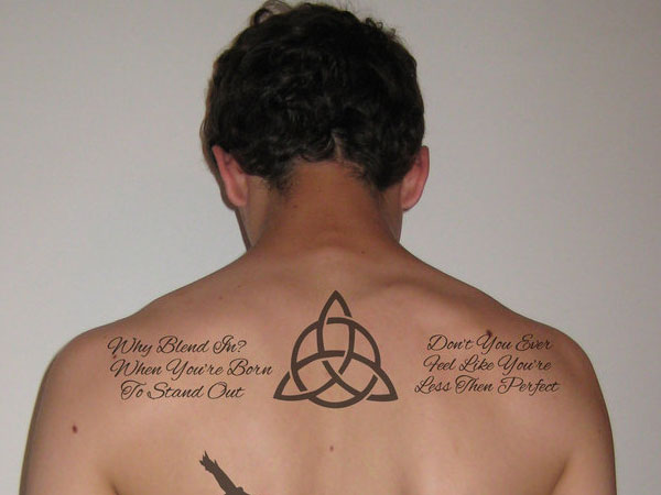 Quotes With Celtic Knot Tattoo On Man Upper Back
