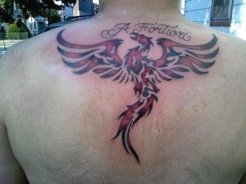 Red And Black Phoenix Tattoo On Upper Back