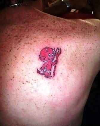 Red Cute Devil Tattoo On Upper Side Back