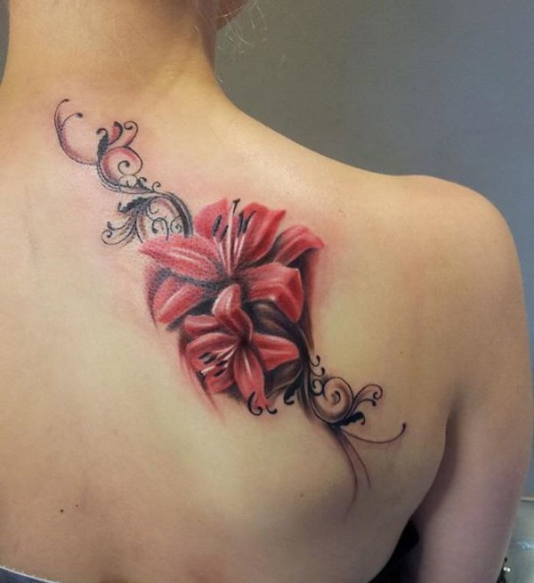Red Lily Flower Tattoos On Right Back Shoulder