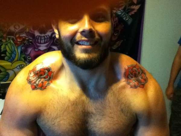 Red Rose Flowers Tattoos On Both Shoulders