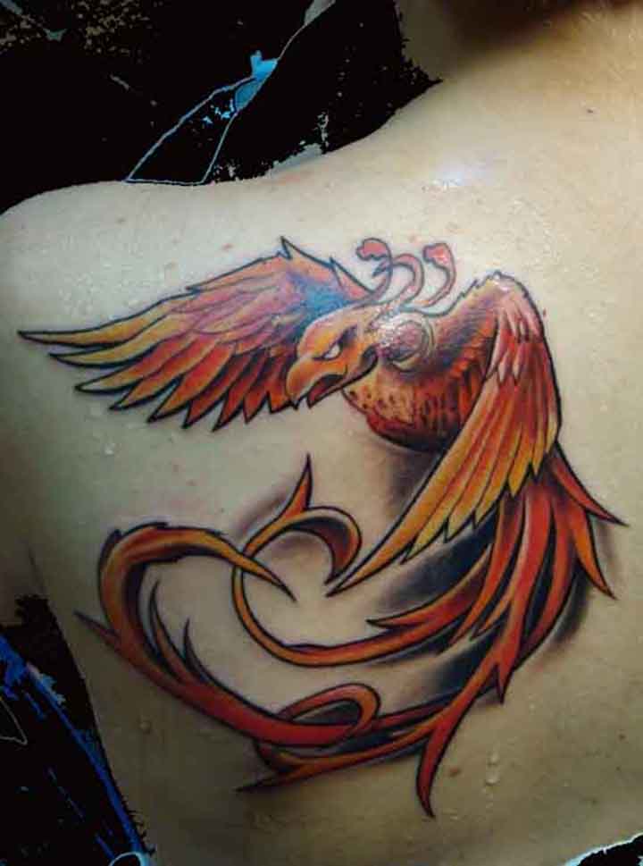Rising Phoenix From The Ashes Tattoo On Left Back Shoulder