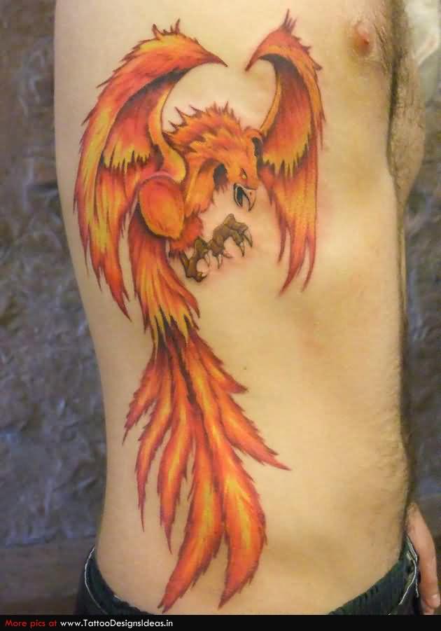 Rising Phoenix From The Ashes Tattoo On Man Right Side Rib
