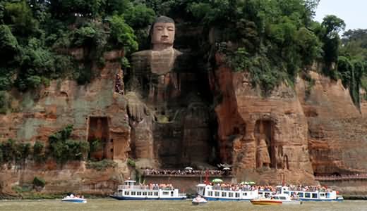 Ships In Minjiang River Near Leshan Giant Buddha