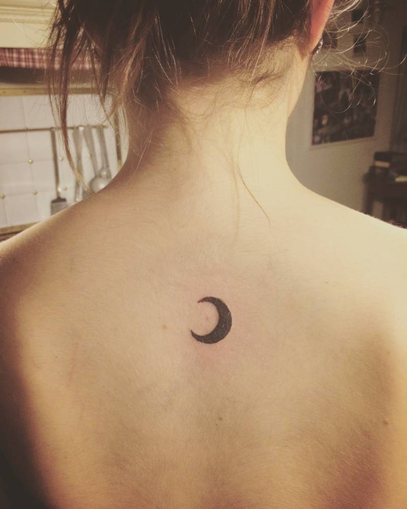 Silhouette Little Half Moon Tattoo On Girl Upper Back