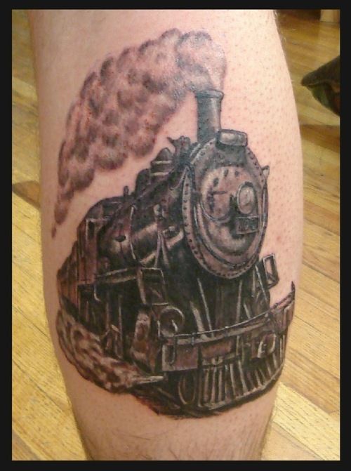 Simple Black And Grey Steam Train Tattoo Design For Leg
