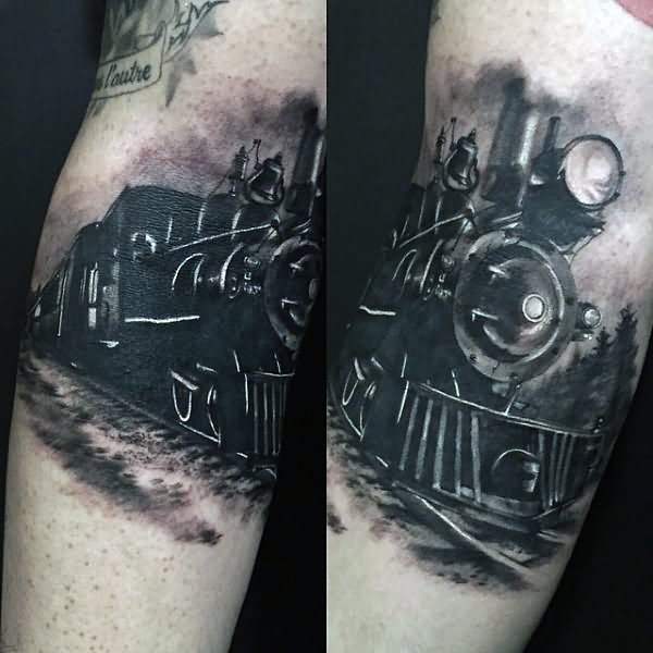 Simple Black Ink 3D Steam Train Engine Tattoo Design For Leg