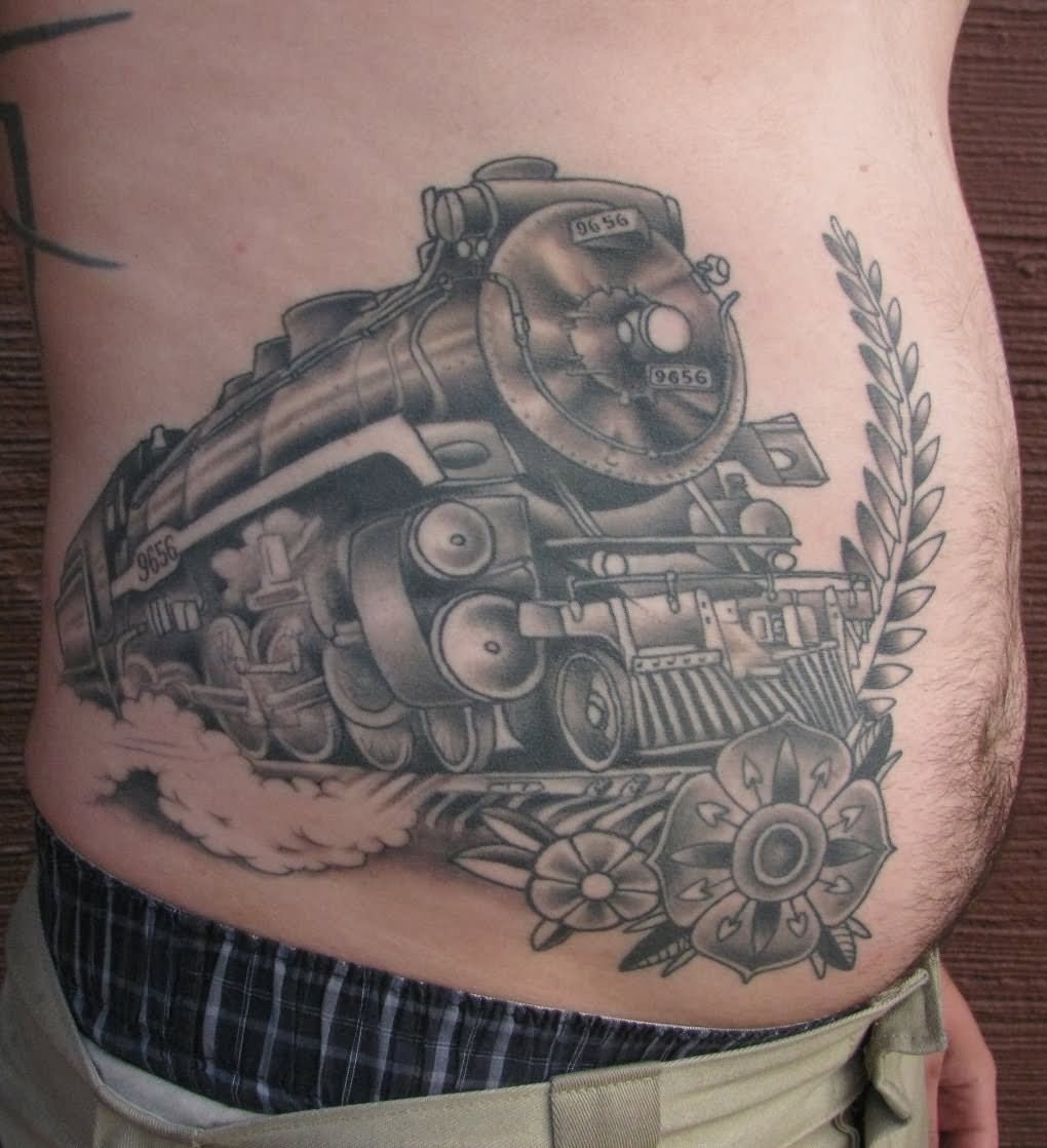Simple Grey Ink Old Train With Flowers Tattoo On Man Side Rib
