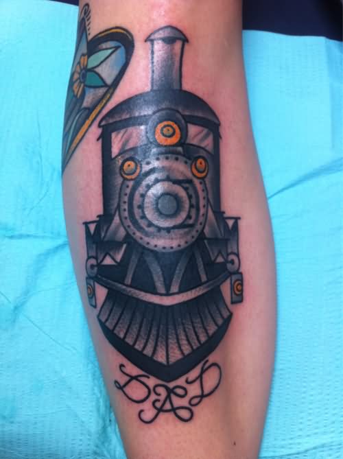 Simple Traditional Train Engine Tattoo For Leg