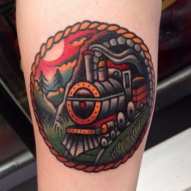 Simple Traditional Train In Rope Frame Tattoo By Luke Jinks