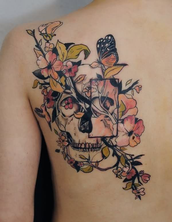 Skull And Flowers Tattoo On Girl Left Back Shoulder