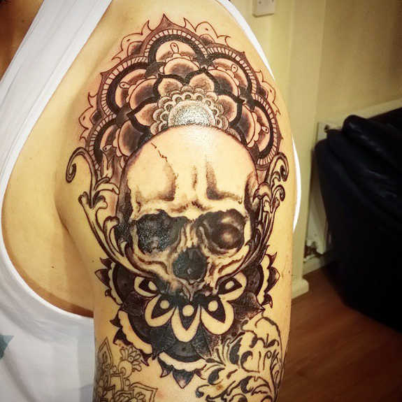 Skull And Mandala Flower Shoulder Tattoo