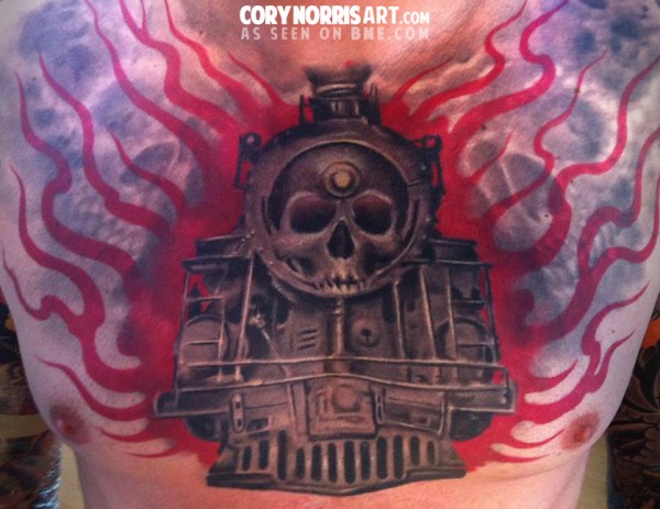 Skull Freight Train Tattoo Design For Man Chest