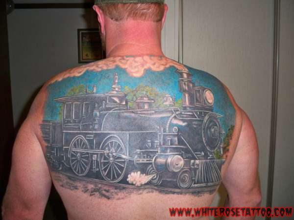 Steam Train Engine Tattoo On Man Upper Back
