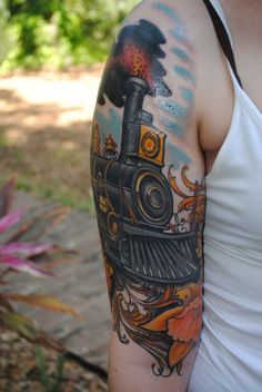 Steam Train Engine Tattoo On Right Half Sleeve By Ryan Cullen