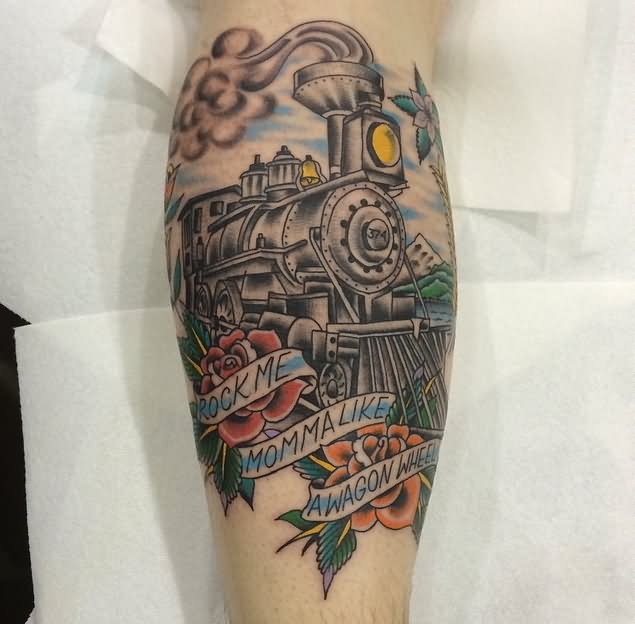 Steam Train With Roses And Banner Tattoo Design For Leg By Logan