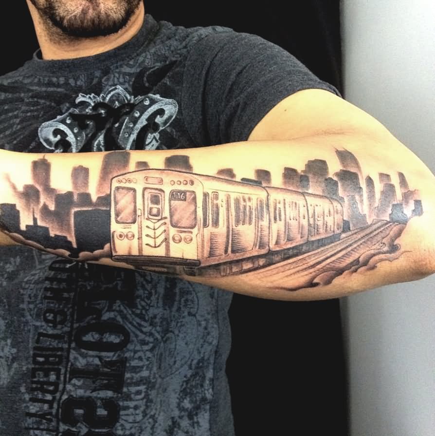 Subway Train Tattoo On Man Left Arm