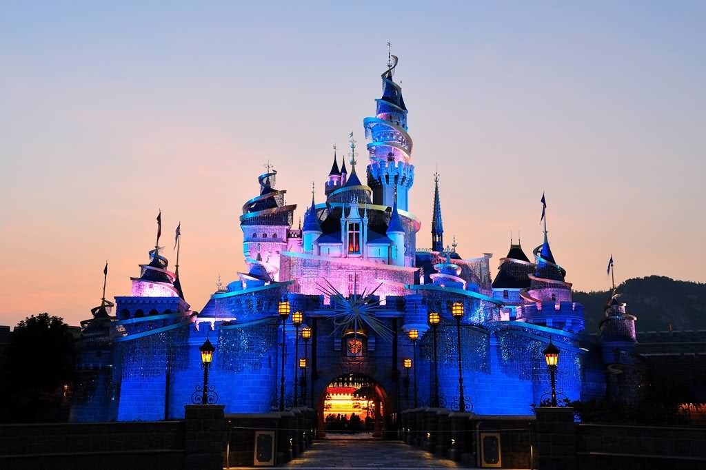 The Beautiful Disneyland Hong Kong Lit Up At Night