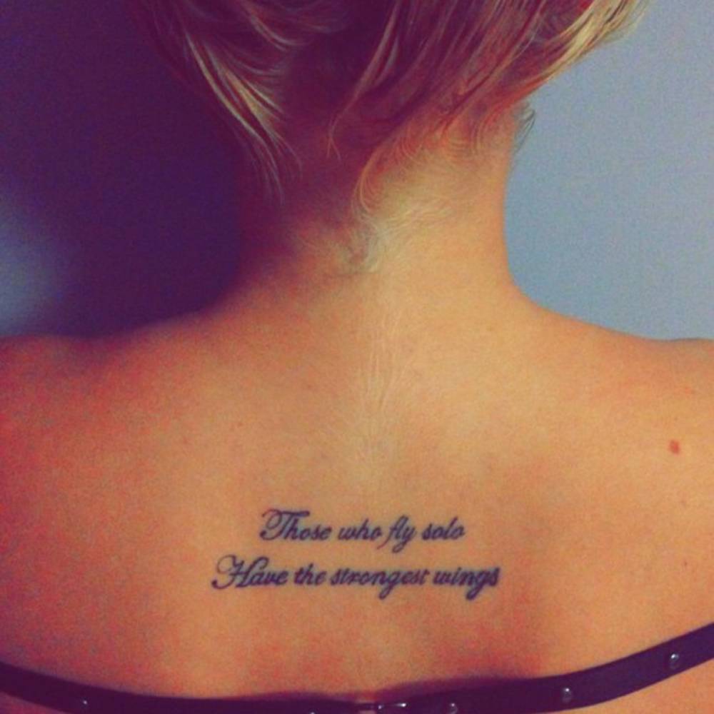 Those Who Fly Solo Have The Strongest Wings Quote Tattoo On Girl Upper Back