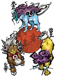 Three Colorful Legendary Pokemon Tattoo Design