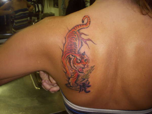 Tiger Tattoo On Girl Upper Side Back