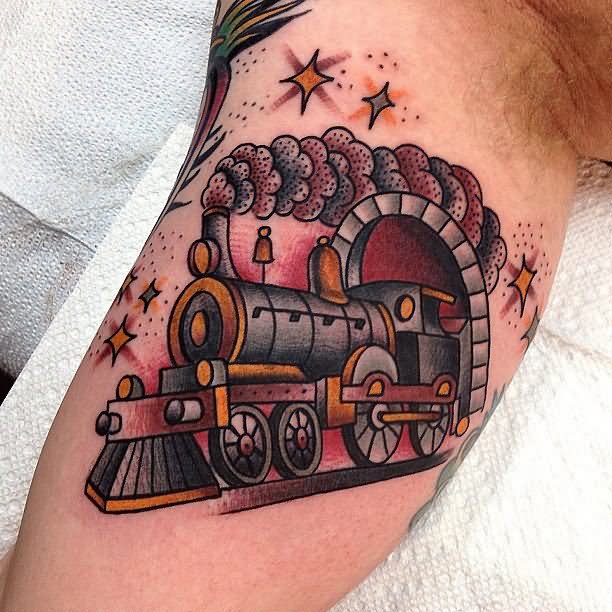Traditional Old Train Engine Tattoo Design For Bicep