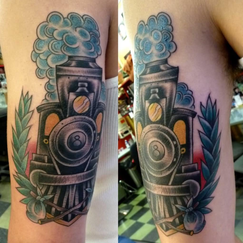Traditional Old Train Engine Tattoo Design For Sleeve