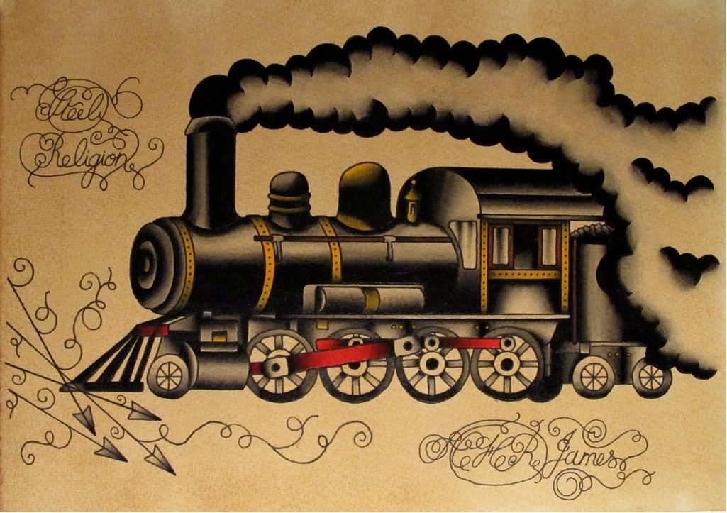 Traditional Old Train Engine Tattoo Design