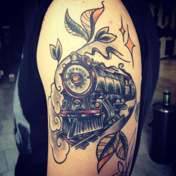 Traditional Old Train Engine Tattoo On Left Half Sleeve