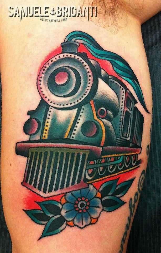 Traditional Old Train Engine With Flower Tattoo Design For Bicep By Samuele Briganti