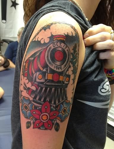 Traditional Old Train Engine With Flowers Tattoo On Right Half Sleeve By KeelHauled Mike