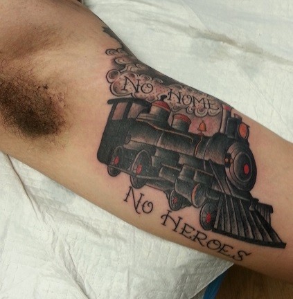 Traditional Steam Train Engine Tattoo Design For Bicep