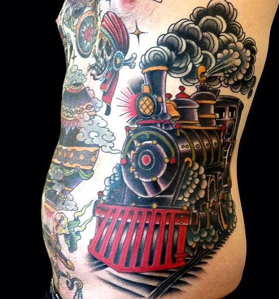Traditional Steam Train Tattoo Design For Side Rib