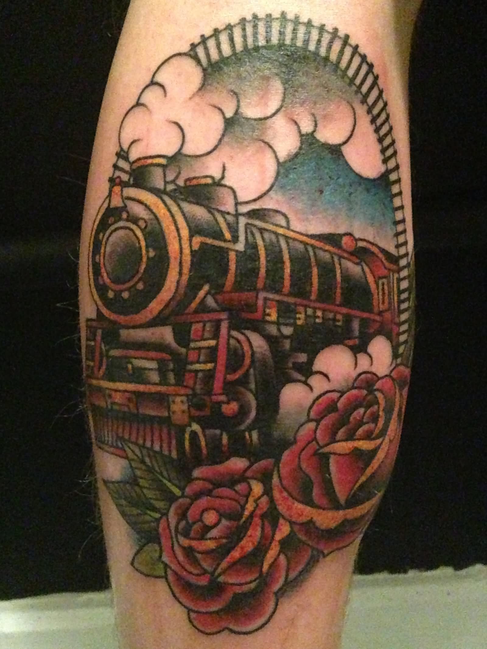 Traditional Steam Train With Roses Tattoo Design