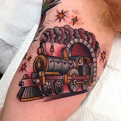 Traditional Train Come From Tunnel Tattoo Design For Bicep