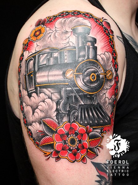 Traditional Train In Frame Tattoo On Right Half Sleeve