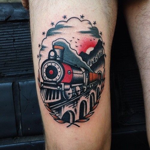 Traditional Train Tattoo Design For Thigh