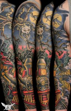 Traditional Train Tattoo On Full Sleeve