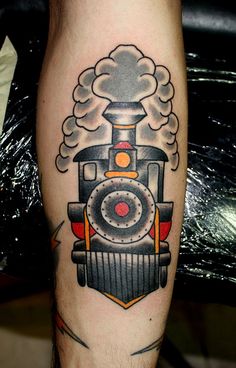 Traditional Train Tattoo On Half Sleeve
