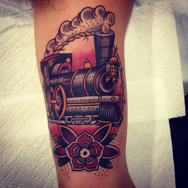 Traditional Train With Flower Tattoo Design For Half Sleeve