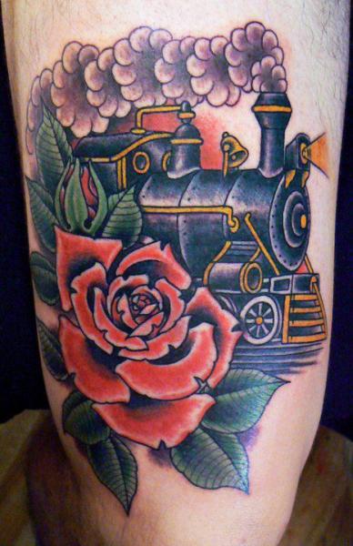 Traditional Train With Rose Tattoo Design For Thigh By Bonic Cadaver