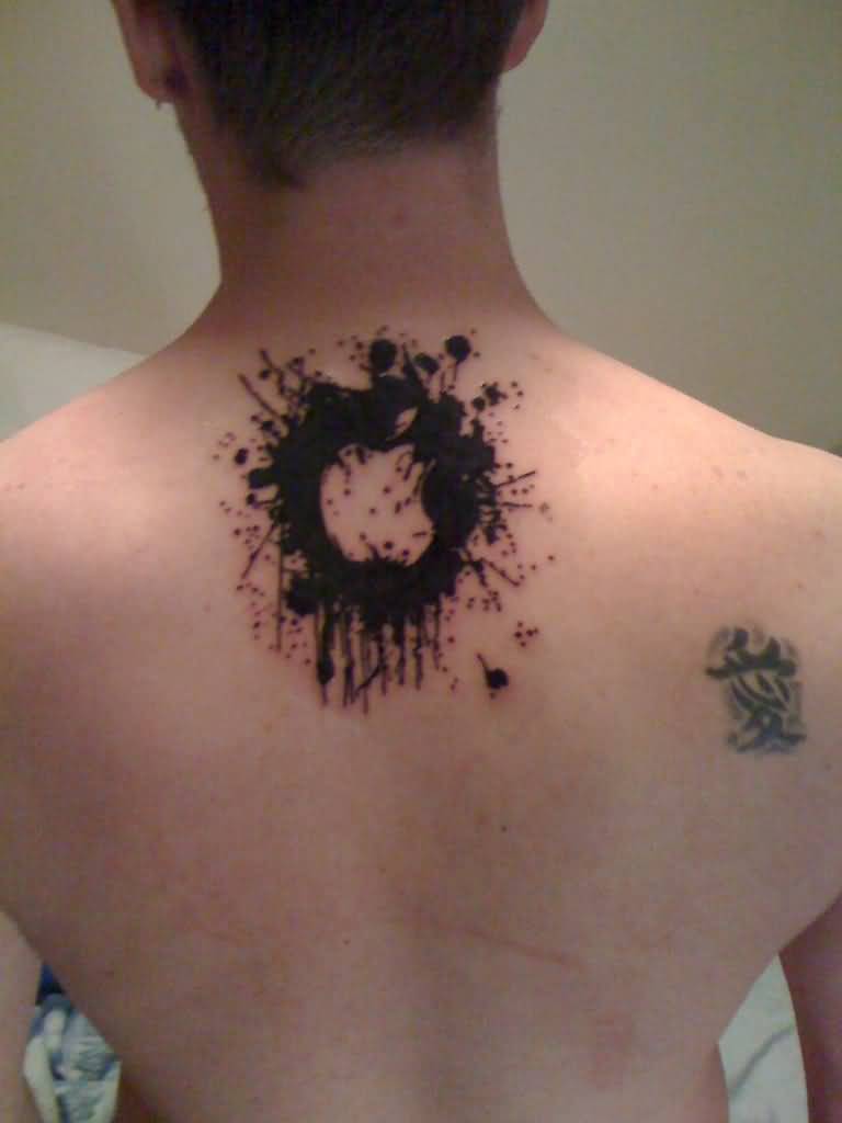 Unique Black Apple Logo Tattoo On Man Upper Back