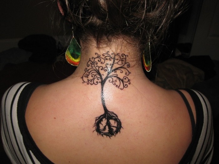 Unique Black Peace Tree Tattoo On Girl Upper Back
