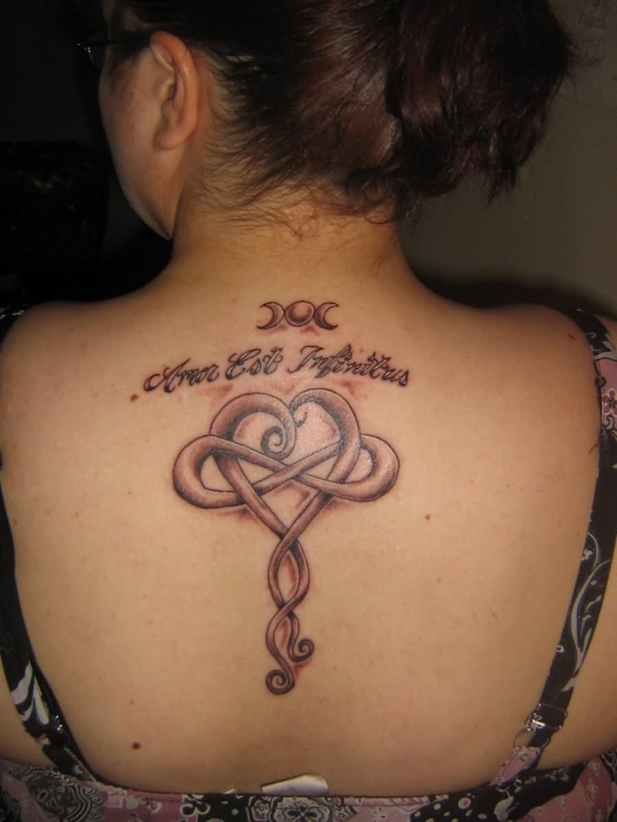 Unique Heart With Infinity Tattoo On Girl Upper Back